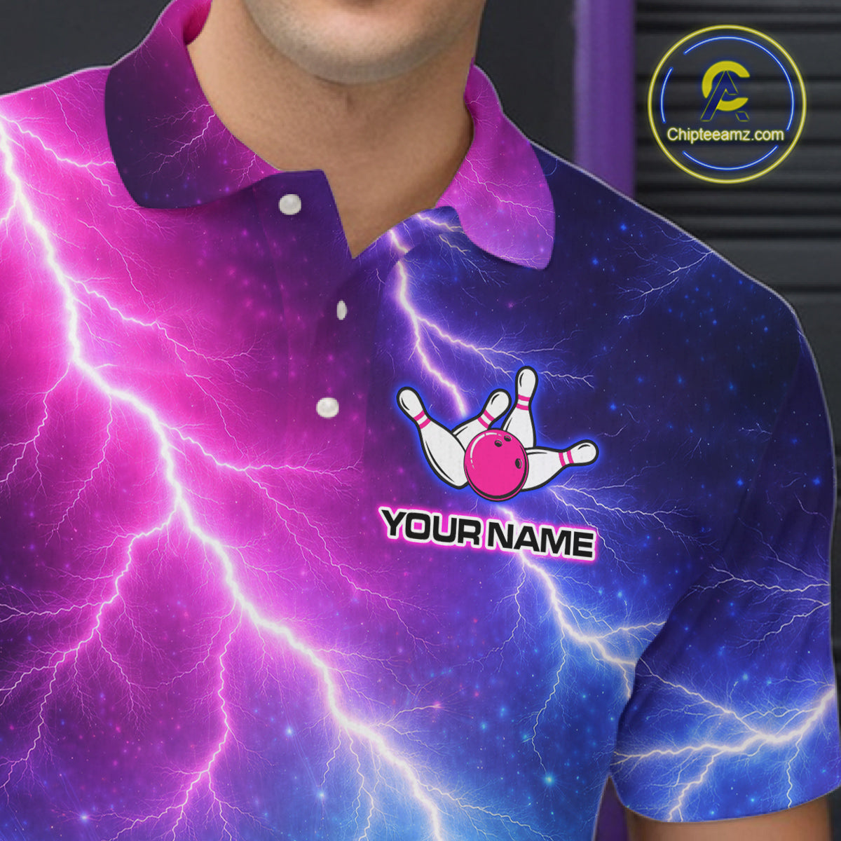 Custom Thunder Lightning Blue And Pink Bowling Shirt For Men, Bowling Team Jersey Polo & 1/4 Zip TDM6190