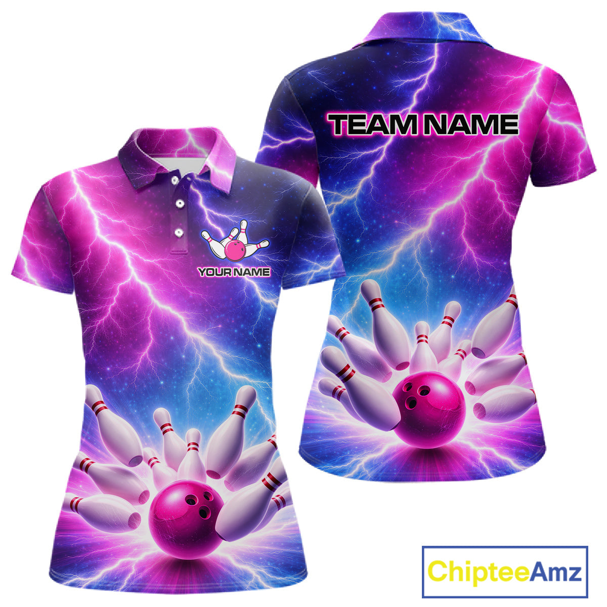 Custom Thunder Lightning Blue And Pink Bowling Shirt For Women, Bowling Team Jersey Polo & 1/4 Zip TDM6190
