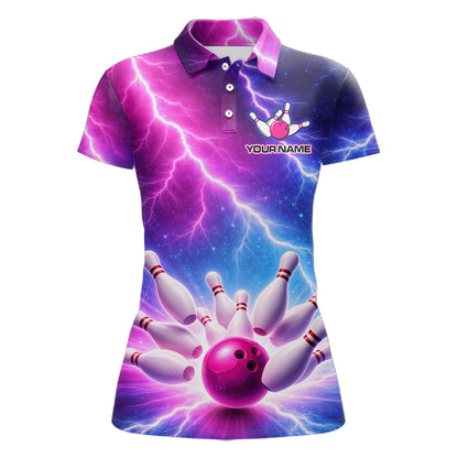Custom Thunder Lightning Blue And Pink Bowling Shirt For Women, Bowling Team Jersey Polo & 1/4 Zip TDM6190