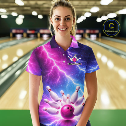 Custom Thunder Lightning Blue And Pink Bowling Shirt For Women, Bowling Team Jersey Polo & 1/4 Zip TDM6190