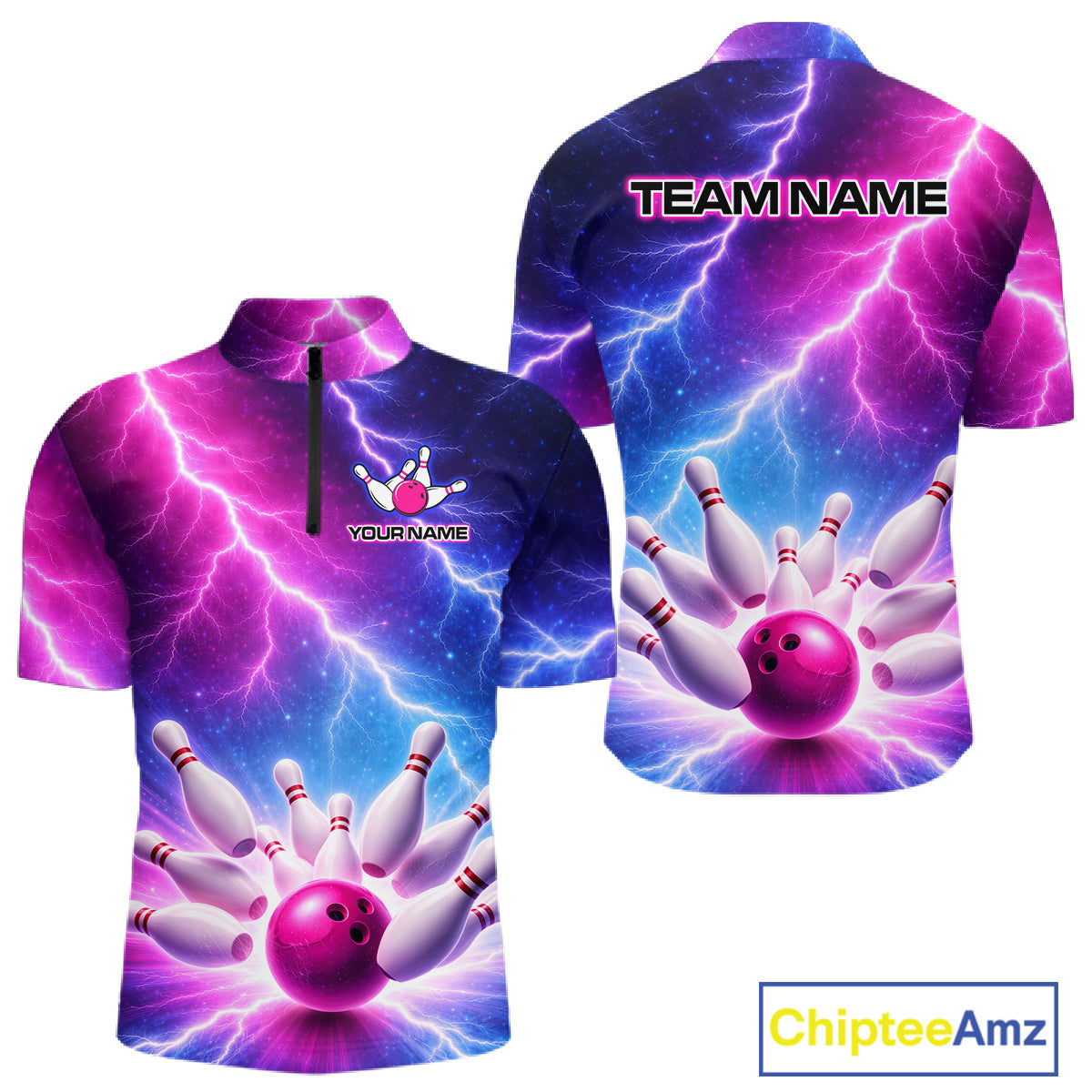 Custom Thunder Lightning Blue And Pink Bowling Shirt For Men, Bowling Team Jersey Polo & 1/4 Zip TDM6190