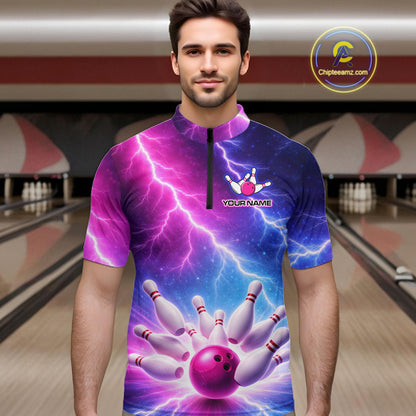 Custom Thunder Lightning Blue And Pink Bowling Shirt For Men, Bowling Team Jersey Polo & 1/4 Zip TDM6190