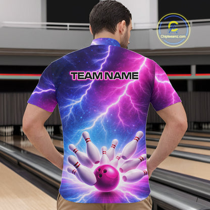 Custom Thunder Lightning Blue And Pink Bowling Shirt For Men, Bowling Team Jersey Polo & 1/4 Zip TDM6190