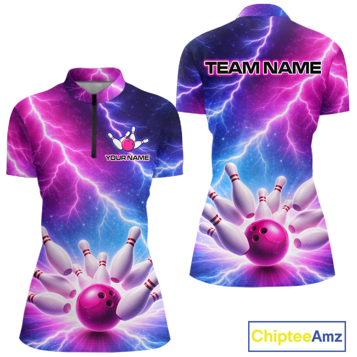 Custom Thunder Lightning Blue And Pink Bowling Shirt For Women, Bowling Team Jersey Polo & 1/4 Zip TDM6190