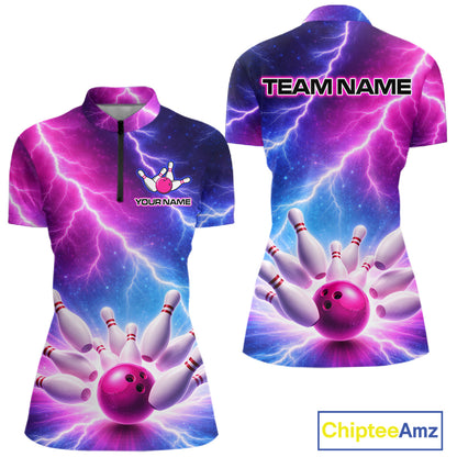 Custom Thunder Lightning Blue And Pink Bowling Shirt For Women, Bowling Team Jersey Polo & 1/4 Zip TDM6190