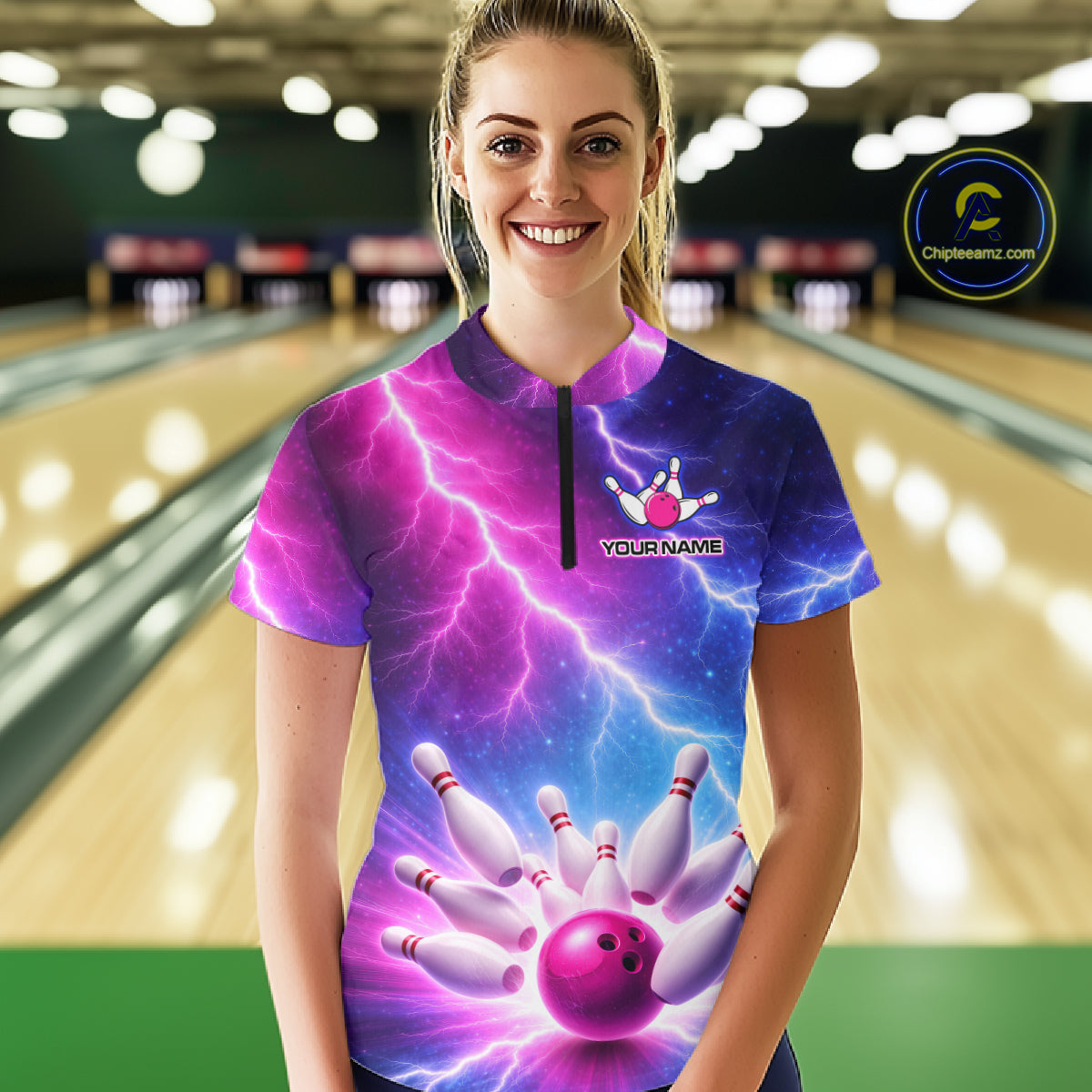 Custom Thunder Lightning Blue And Pink Bowling Shirt For Women, Bowling Team Jersey Polo & 1/4 Zip TDM6190