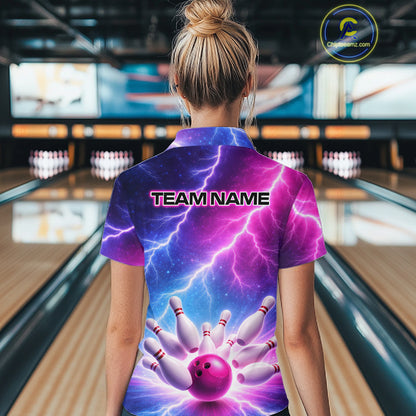 Custom Thunder Lightning Blue And Pink Bowling Shirt For Women, Bowling Team Jersey Polo & 1/4 Zip TDM6190