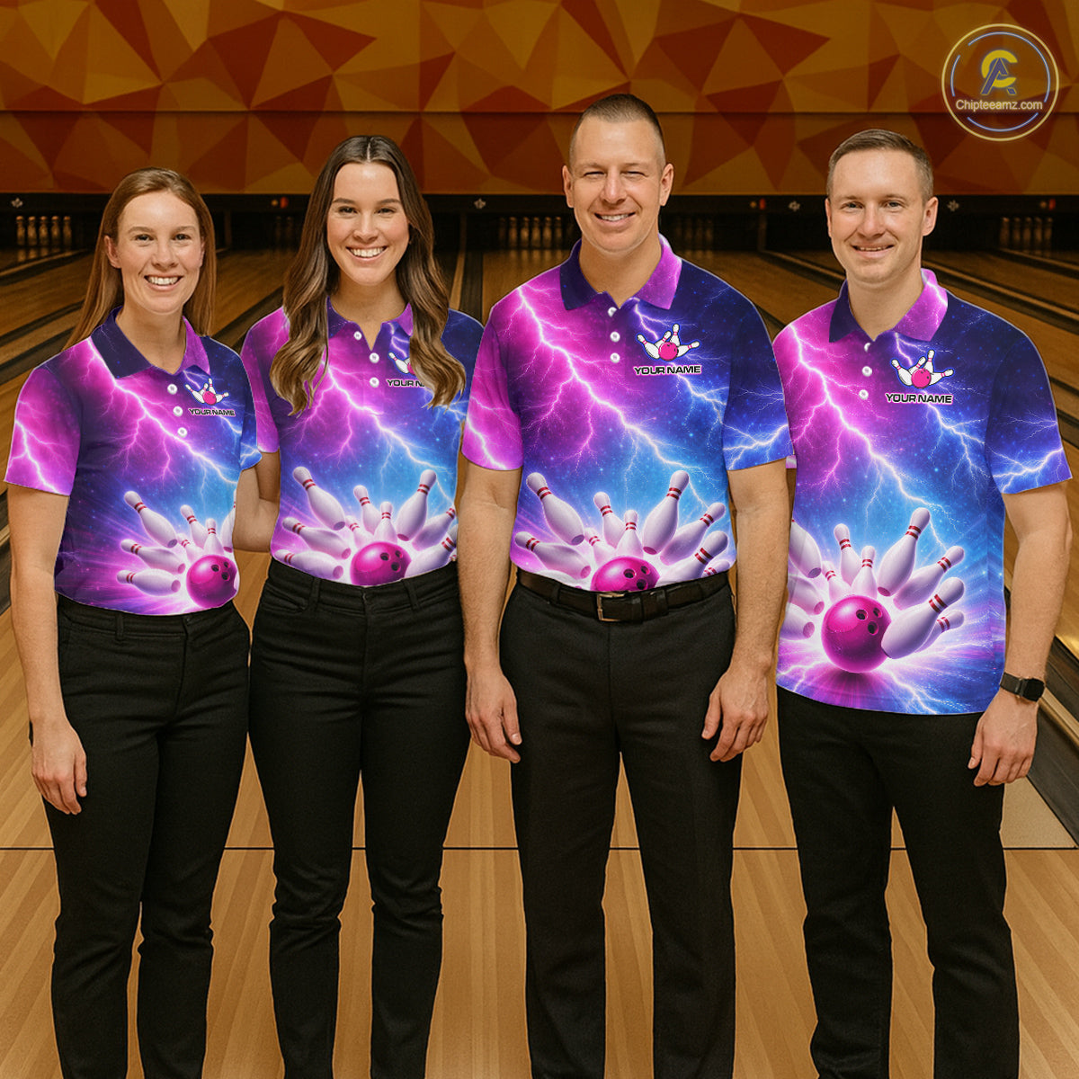 Custom Thunder Lightning Blue And Pink Bowling Shirt For Men, Bowling Team Jersey Polo & 1/4 Zip TDM6190