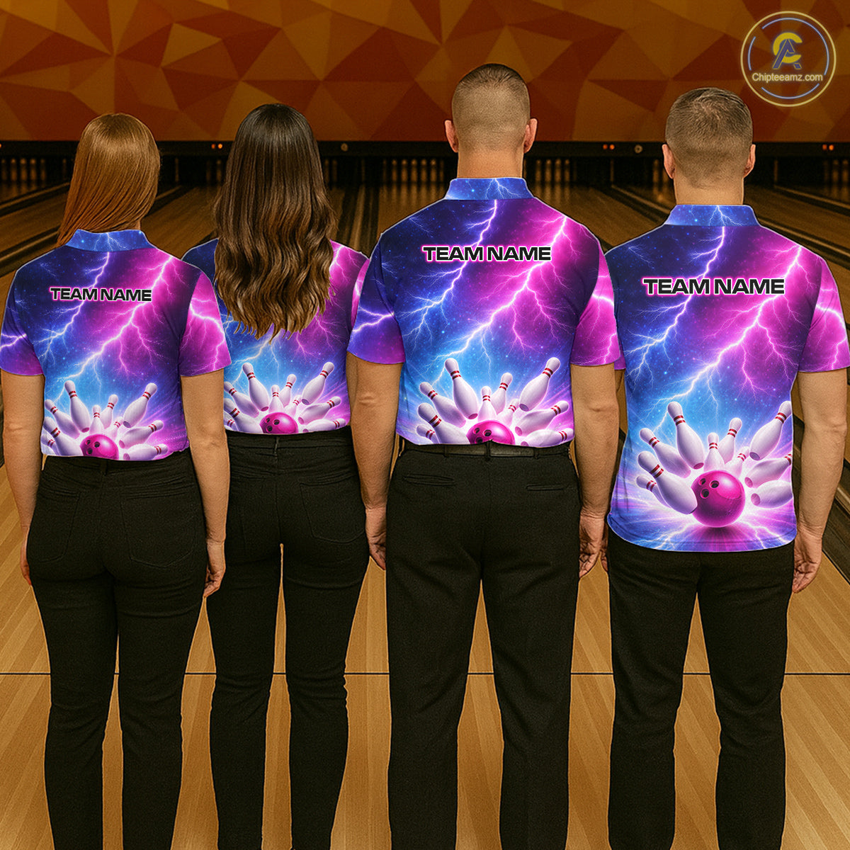 Custom Thunder Lightning Blue And Pink Bowling Shirt For Men, Bowling Team Jersey Polo & 1/4 Zip TDM6190