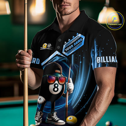 Blue Funny 8 Ball & 9 Ball Pool Billiard Shirt For Men Custom Billiard Team Jersey Polo & 1/4 Zip TDM6616
