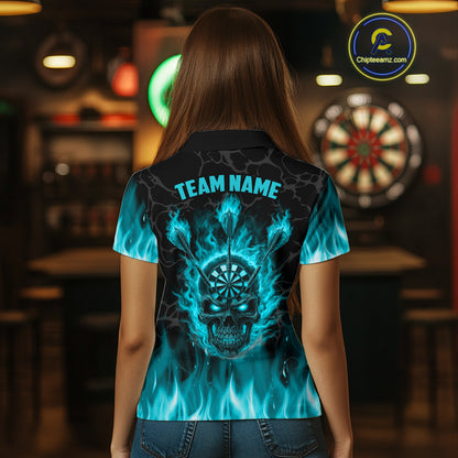 Fire Flame Skull Darts Polo & Quarter Zip Custom Darts Shirts For Women, Darts Team Jersey|Turquoise TDM5320
