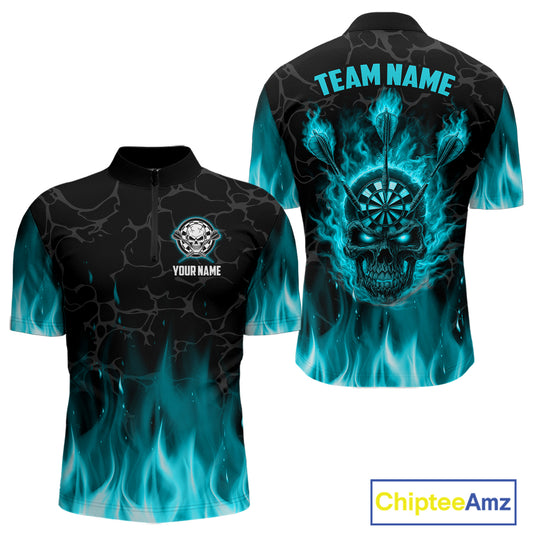 Fire Flame Skull Darts Polo & Quarter Zip Custom Darts Shirts For Men, Darts Team Jersey|Turquoise TDM5320