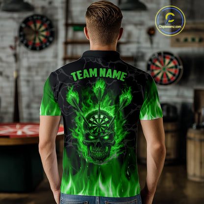 Fire Flame Skull Darts Polo & Quarter Zip Custom Darts Shirts For Men, Darts Team Jersey|Green TDM5321