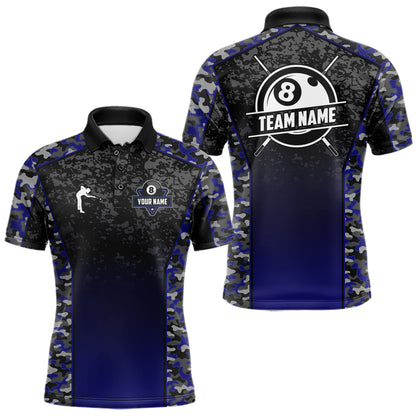 Navy Blue Camo 8 Ball Billiard Shirt For Men Custom Pool Team Shirt, Billiard Jersey Polo & 1/4 Zip TDM5580