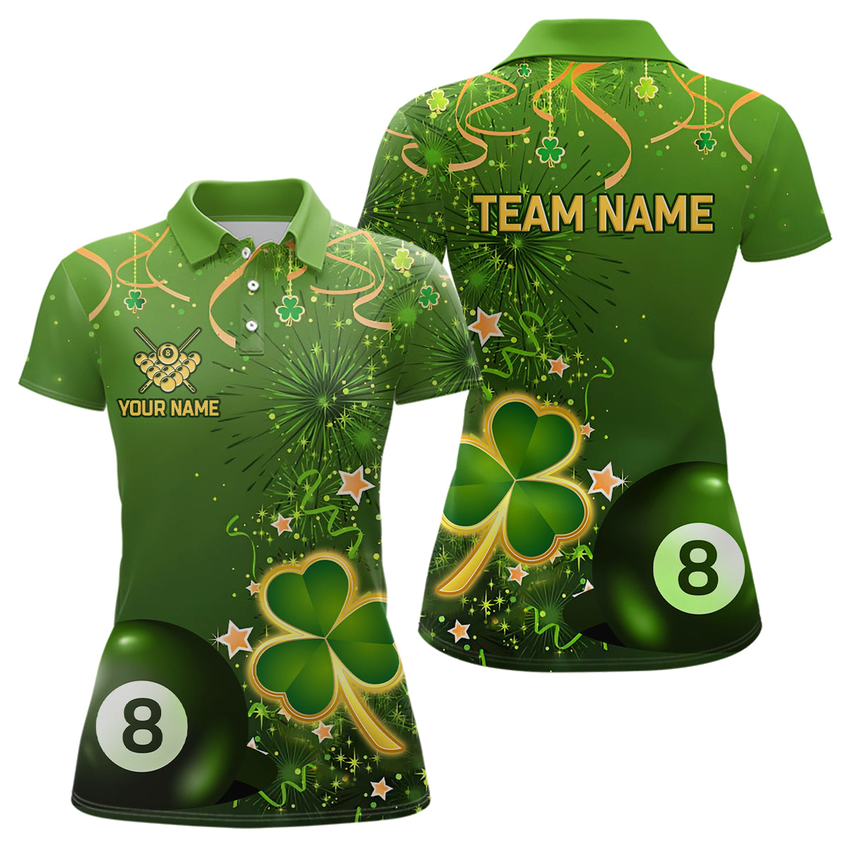 3D 8 Ball Pool Luckiest Shamrock Women Billiard Polo Shirts Customized St Patrick Day Billiard Shirts TDM1147