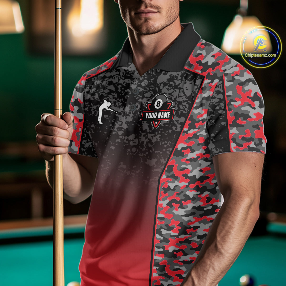 Red Camo 8 Ball Billiard Shirt For Men Custom Pool Team Shirt, Billiard Jersey Polo & 1/4 Zip TDM6200