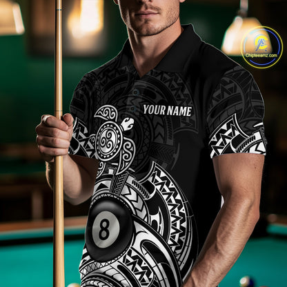 Custom White Black Tribal Turtle Billiard Shirts For Men | 8 Ball Pool Team Jerseys TDM4690