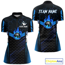 Load image into Gallery viewer, Black And Blue Bowling Jersey For Women Custom Flame Bowling Shirt Team Polo &amp; Quarter Zip TDM5823