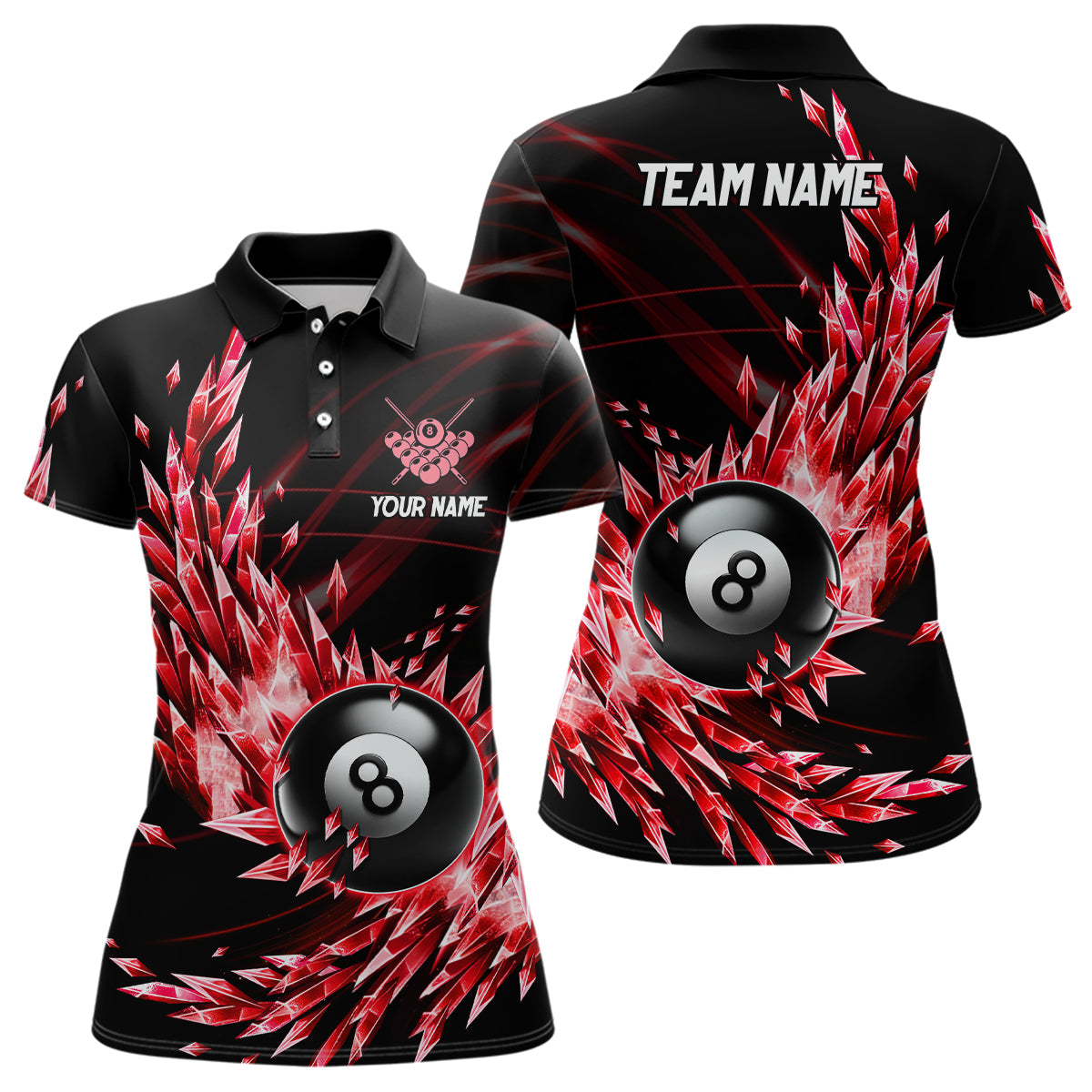 3D Red Frozen Ice Custom Women Billiard Polo & Quarter-Zip Shirts, 8 Ball Pool Billiard Attire Jersey TDM1705