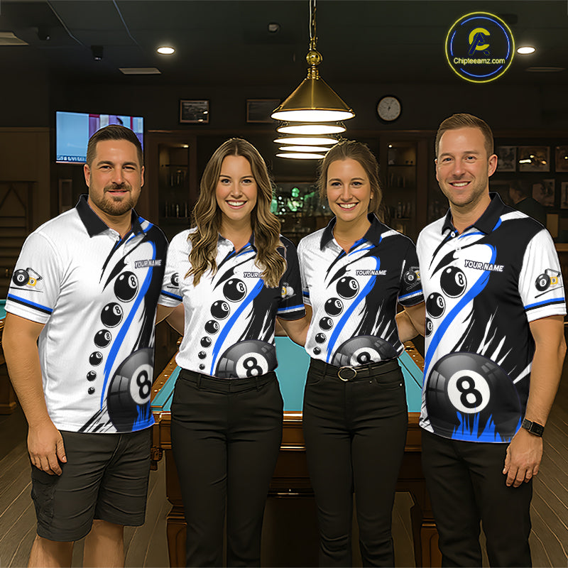 Pool team wearing matching blue 8 ball and 9 ball billiard jerseys front view.