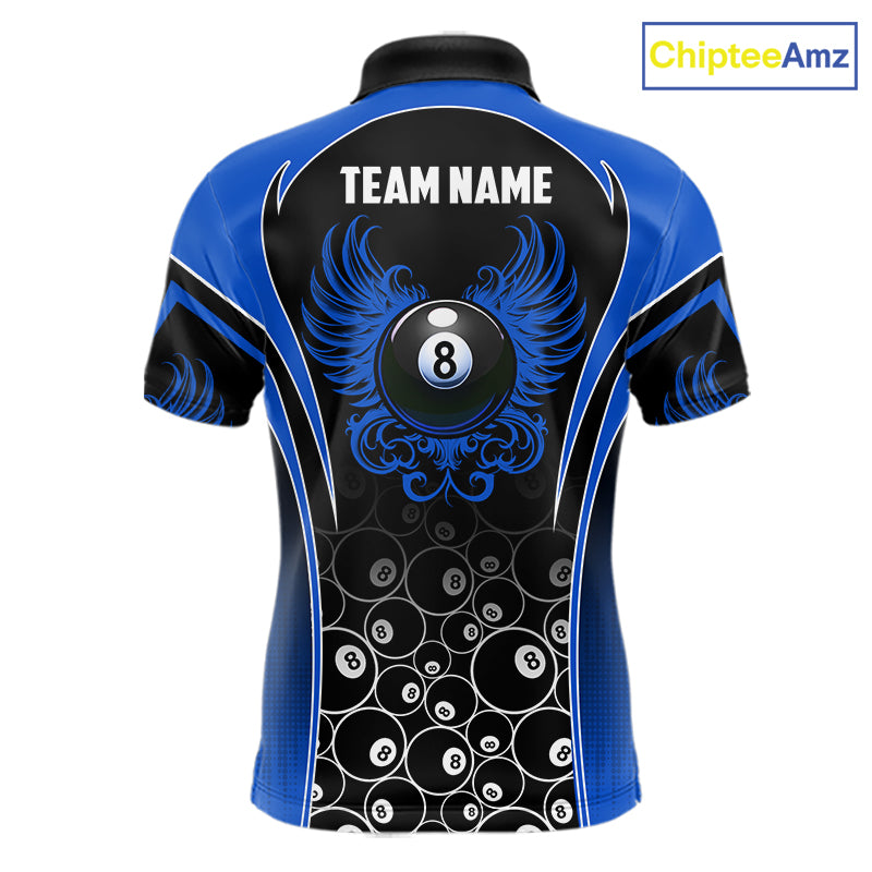 Custom Black and Blue 8 Ball Wings Pool Polo Shirt for Men Designed for Personalized Billiard Team Jerseys with Premium Athletic Performance, Modern Wing Graphics, and Professional League Style