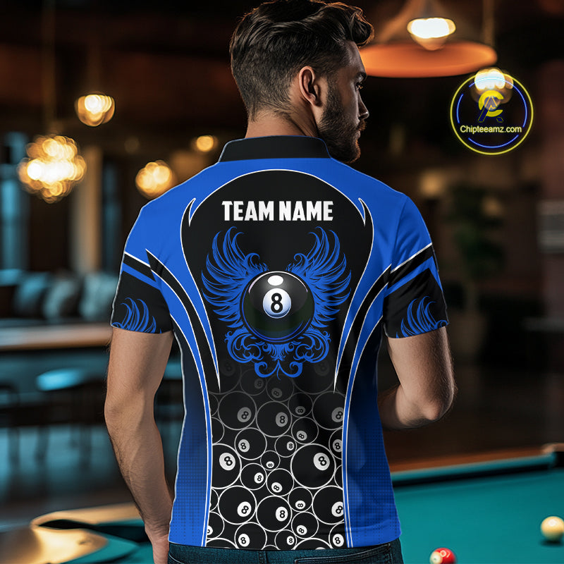 Man Wearing Personalized Black and Blue 8 Ball Wings Custom Pool Team Jersey Featuring the Complete Rear Graphic Design, Back View