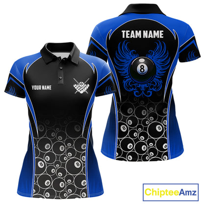 Personalized Black and Blue 8 Ball Wings Billiard Polo Shirt for Women Featuring Striking Winged 8 Ball Artwork for Pool League Players, Team Competition, and Tournament Events