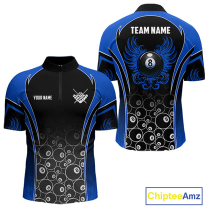 Personalized Black and Blue 8 Ball Wings Quarter Zip Billiard Shirt for Men Created for Competitive Pool League Teams with Performance Fabric and Tournament Ready Comfort