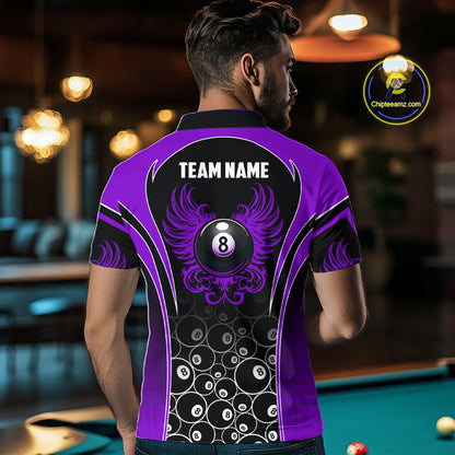 Man Wearing Personalized Black and Purple 8 Ball Wings Custom Pool Team Jersey Featuring the Complete Rear Graphic Design, Back View