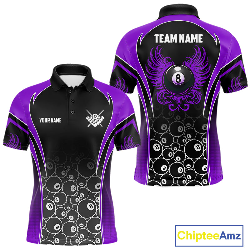 Personalized Black and Purple 8 Ball Wings Billiard Polo Shirt for Men Featuring Bold Winged 8 Ball Artwork for Pool League Players, Team Competition, and Tournament Events