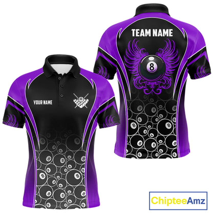 Personalized Black and Purple 8 Ball Wings Billiard Polo Shirt for Men Featuring Bold Winged 8 Ball Artwork for Pool League Players, Team Competition, and Tournament Events