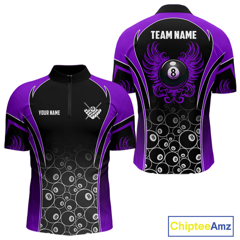 Personalized Black and Purple 8 Ball Wings Quarter Zip Billiard Shirt for Men Created for Competitive Pool League Teams with Performance Fabric and Tournament Ready Team Design