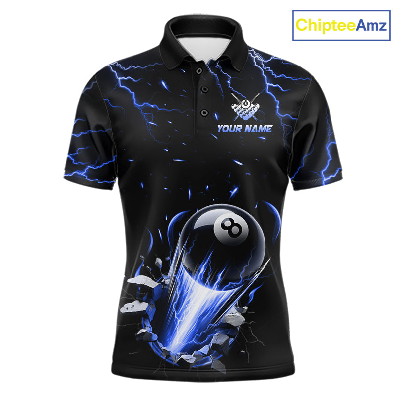 Personalized Blue Lightning Strike 8 Ball Pool Billiard Polo Shirt for Men Featuring Electric Blue Lightning Artwork for Pool League Players, Team Competition, and Tournament Events