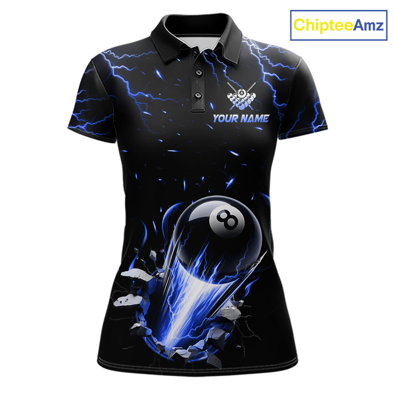 Personalized Blue Lightning Strike 8 Ball Pool Billiard Polo Shirt for Women Featuring Electric Blue Lightning Artwork for Pool League Players, Team Competition, and Tournament Events
