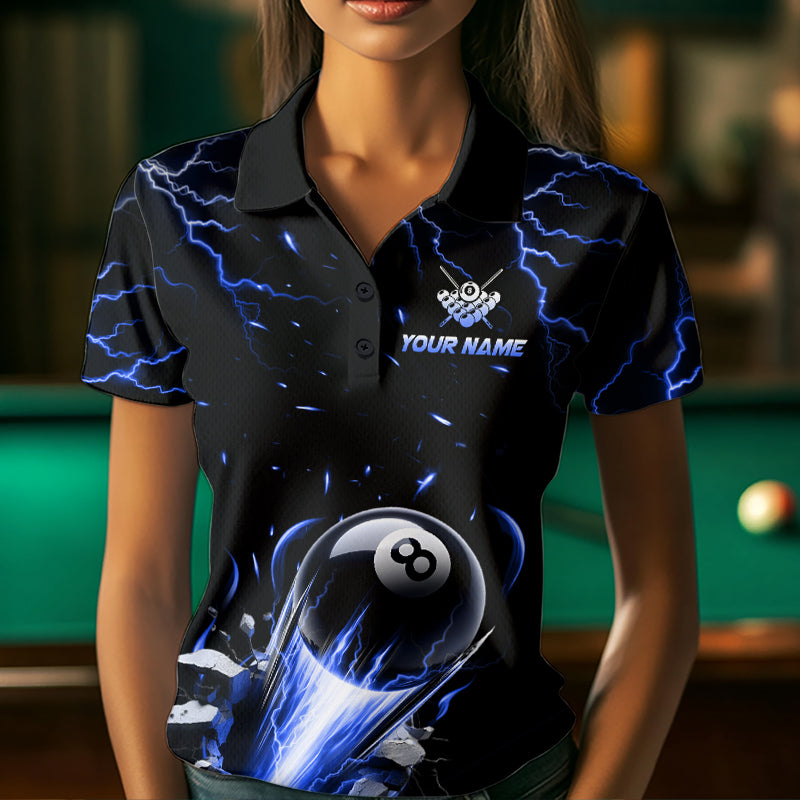 Woman Wearing Personalized Blue Lightning Strike 8 Ball Pool Billiard Polo Shirt with Athletic Performance Fit and Dynamic Lightning Graphic Artwork, Front View