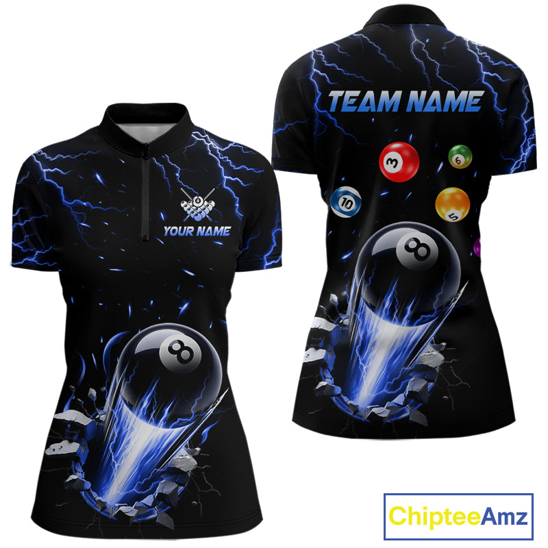 Personalized Blue Lightning Strike 8 Ball Quarter Zip Billiard Shirt for Women Created for Competitive Pool League Teams with Performance Fabric and Tournament Ready Team Design