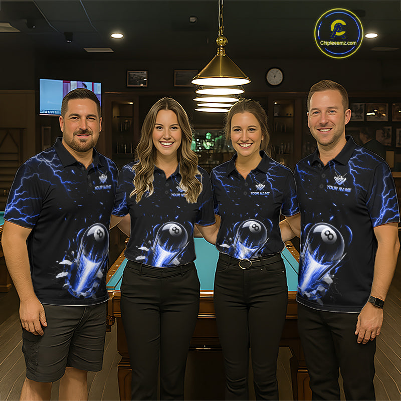 Pool Team Wearing Personalized Blue Lightning Strike 8 Ball Billiard Jerseys During League Competition and Tournament Matches, Front View