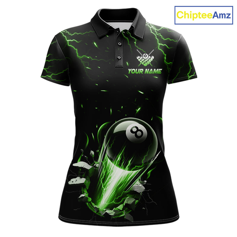 Custom Green Lightning Strike 8 Ball Pool Billiard Polo Shirt for Women Featuring Bold Green Lightning Artwork for Pool League Players, Team Competition, and Tournament Events