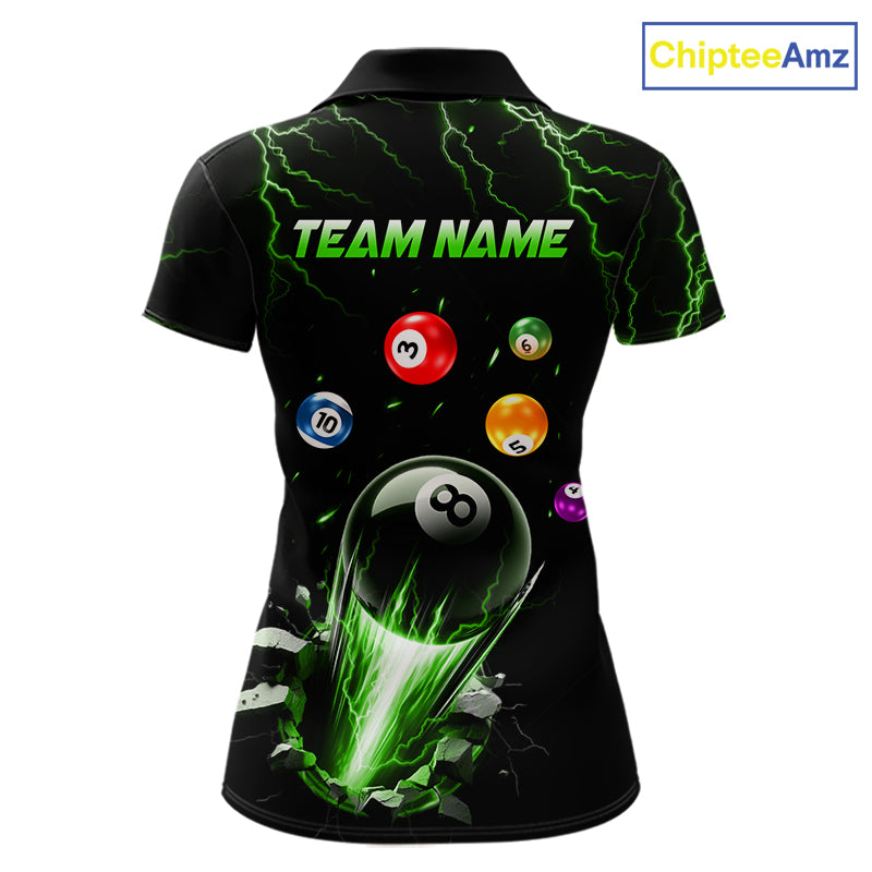Green Lightning Strike 8 Ball Pool Polo Shirt for Women Designed for Personalized Billiard League Team Jerseys with Premium Athletic Performance and High Impact Graphics