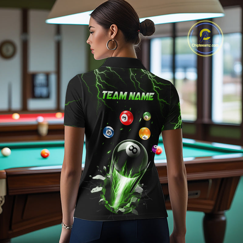 Woman Wearing Custom Green Lightning Strike 8 Ball Pool Billiard League Team Jersey Featuring the Complete Rear Graphic Design, Back View