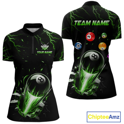Custom Green Lightning Strike 8 Ball Quarter Zip Billiard Shirt for Women Created for Competitive Pool League Teams with Performance Fabric and Tournament Ready Comfort