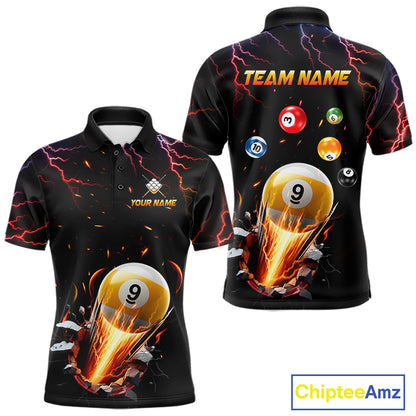 Custom Thunder Lightning Strike 9 Ball Pool Billiard Polo Shirt for Men Featuring Powerful Lightning Artwork for Pool League Players, Team Competition, and Tournament Events
