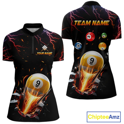 Custom Thunder Lightning Strike 9 Ball Quarter Zip Billiard Shirt for Women Created for Competitive Pool League Teams with Performance Fabric and Tournament Ready Team Design