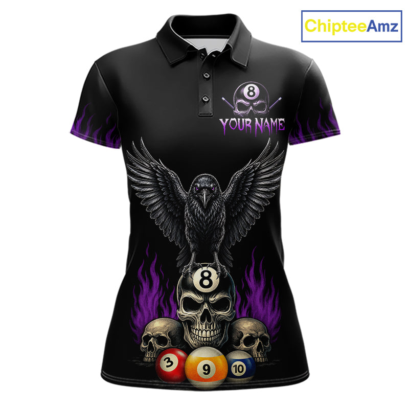 Personalized Raven 8 Ball Pool Skull Billiard Polo Shirt for Women Featuring Purple Halloween Raven Artwork with a Bold Skull Design for Pool League Players and Tournament Competition