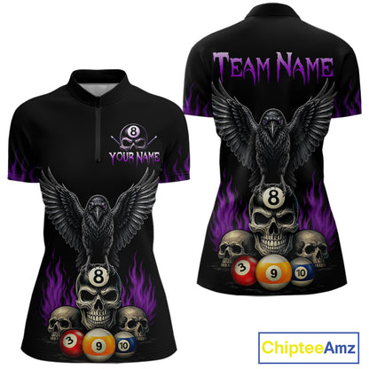 Personalized Purple Raven 8 Ball Pool Skull Quarter Zip Billiard Shirt for Women Created for Competitive Pool League Teams with Performance Fabric and Tournament Ready Comfort