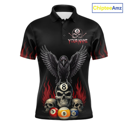 Personalized Raven 8 Ball Pool Skull Billiard Polo Shirt for Men Featuring a Dark Halloween Raven Design with Skull Artwork for Pool League Players, Team Competition, and Tournament Events