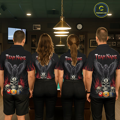Pool Team Wearing Personalized Raven 8 Ball Pool Skull Custom Billiard Team Jerseys Featuring the Complete Back Artwork, Back View