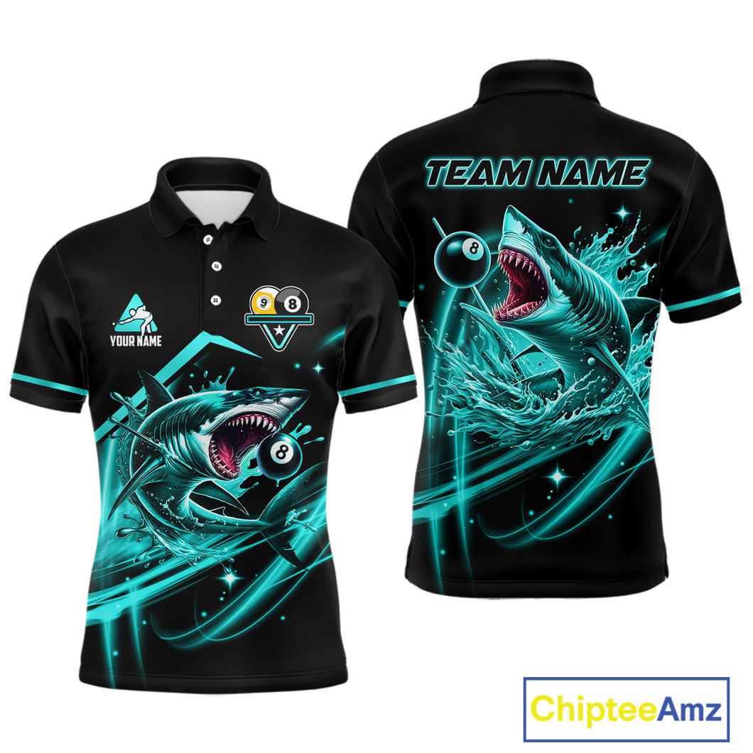 Turquoise 8 Ball & 9 Ball Pool Billiard Shark Polo & 1/4 Zip For Men Custom Team Billiard Jerseys TDM4089