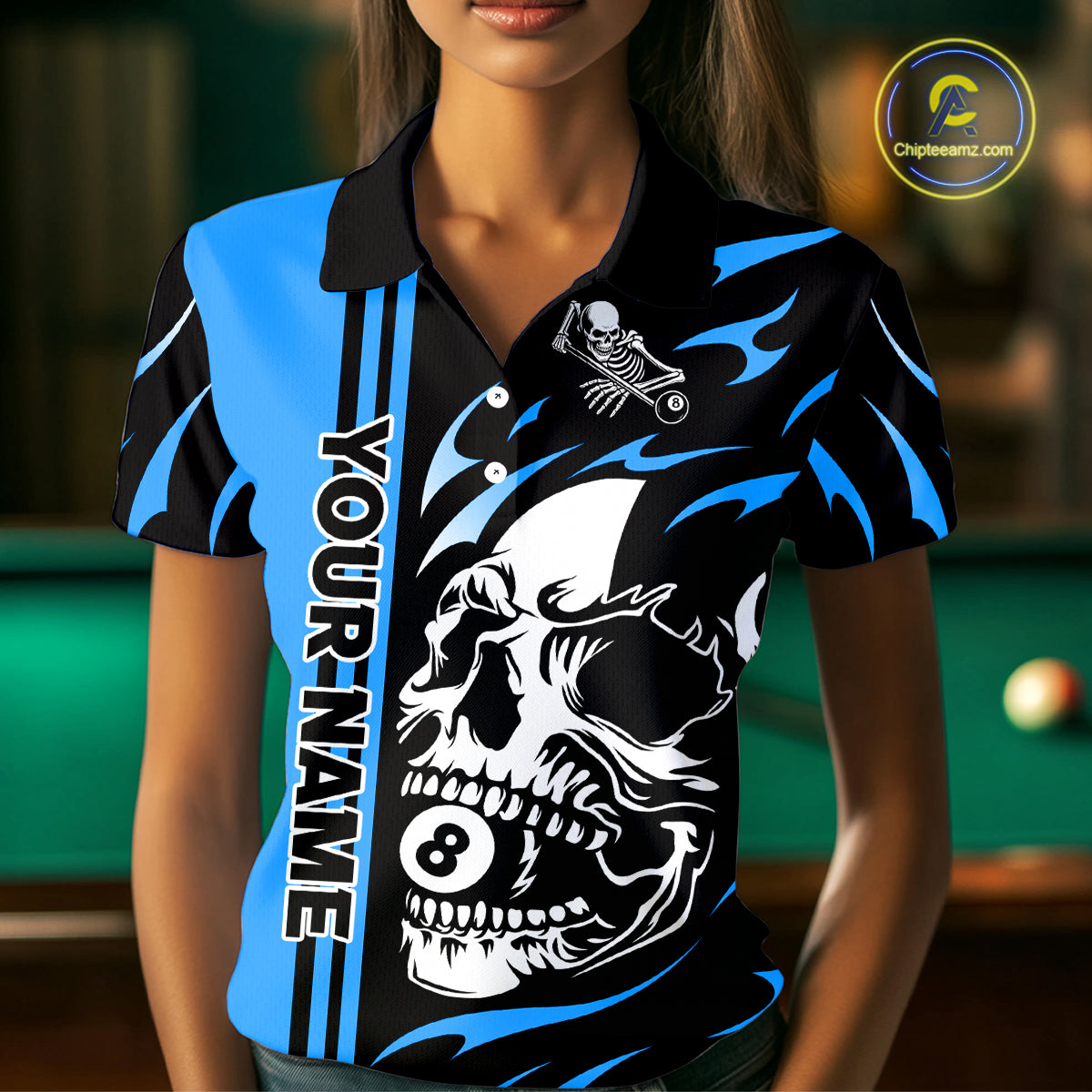 Personalized Blue 8 Ball Skull Billiard Shirt For Women Custom Pool Team Jersey, Billiard Outfit TDM4460