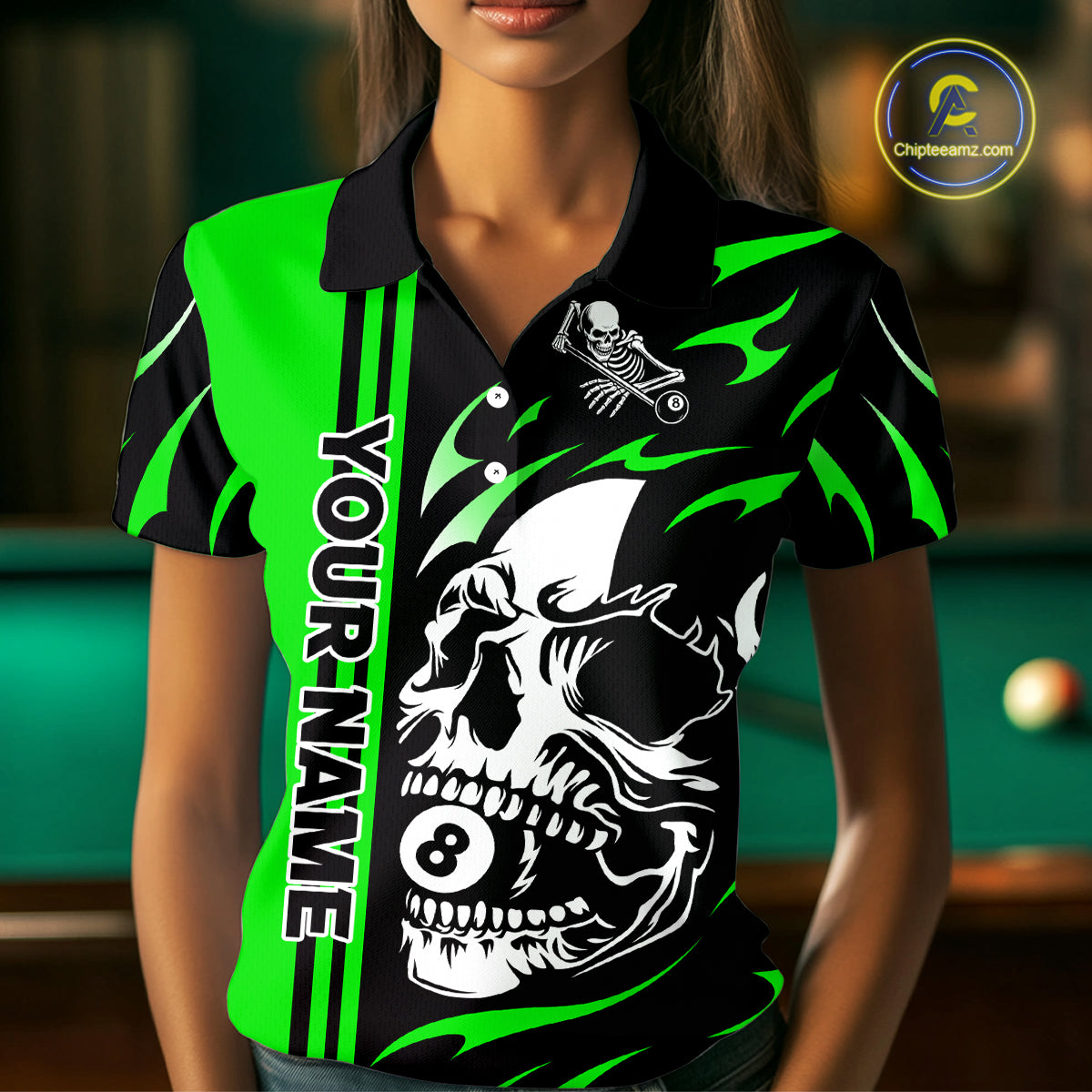Personalized Green 8 Ball Skull Billiard Shirt For Women Custom Pool Team Jersey, Billiard Outfit TDM4461